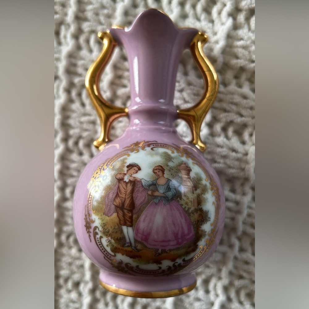 Pink Vintage Porcelain Limoges French Vase with Gold Handles